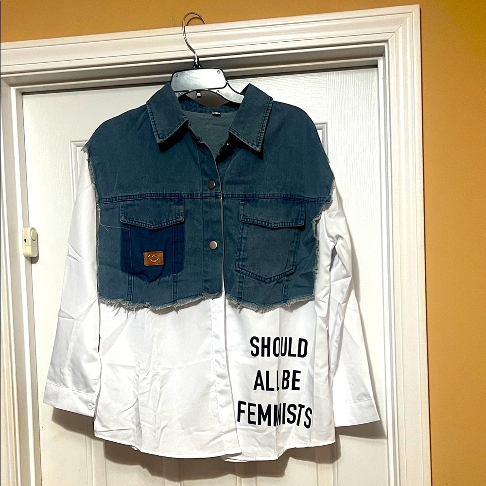 Blue and White Denim Jacket with Statement Print
